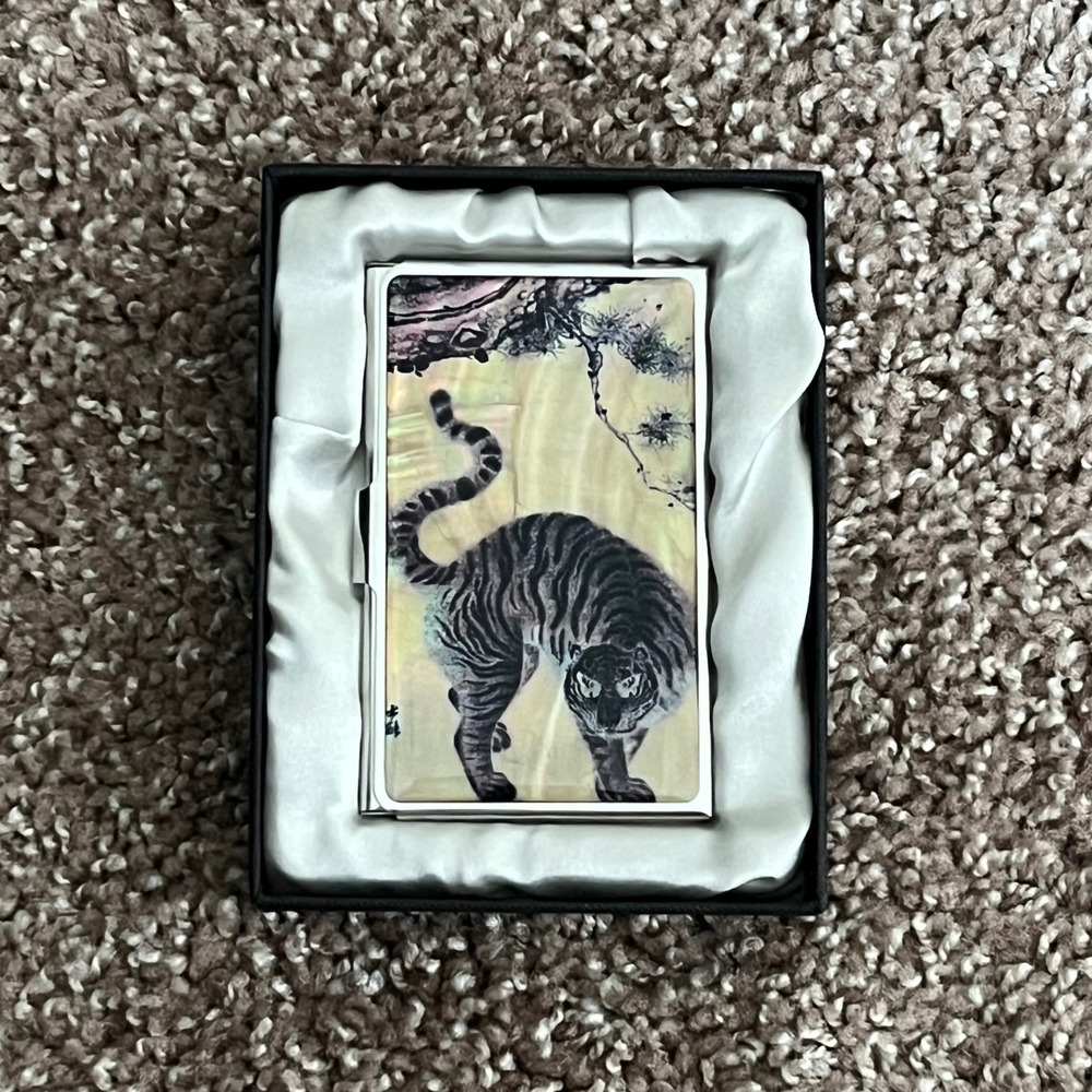 Korean Business Card Case Unisex OS Silver Tiger Mother of Pearl Inlay